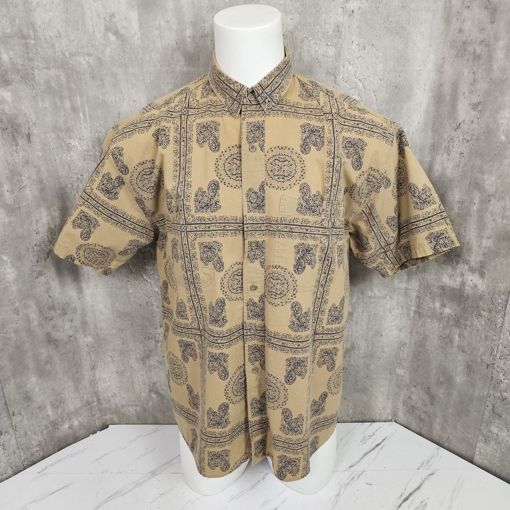 Vintage 90s Gitano Mens L Tan Bandanna Pattern S/S Button Front Shirt Streetwear